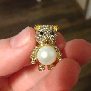 Vintage Custom Stunning 14k Gold Jeweled Teddy Bear Akoya Pearl Pin Brooch